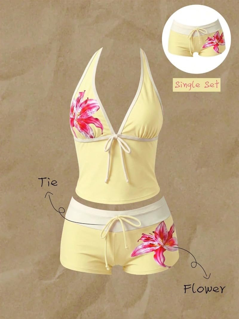 Women Two Piece Floral Print Vintage Tankini Swimsuit Set Summer