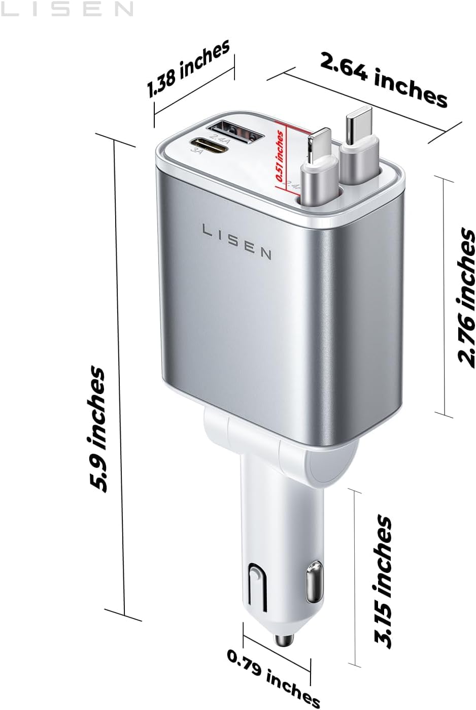 LISEN Retractable Car Charger 84W Fast Charge USB C Multi Cable Adapter