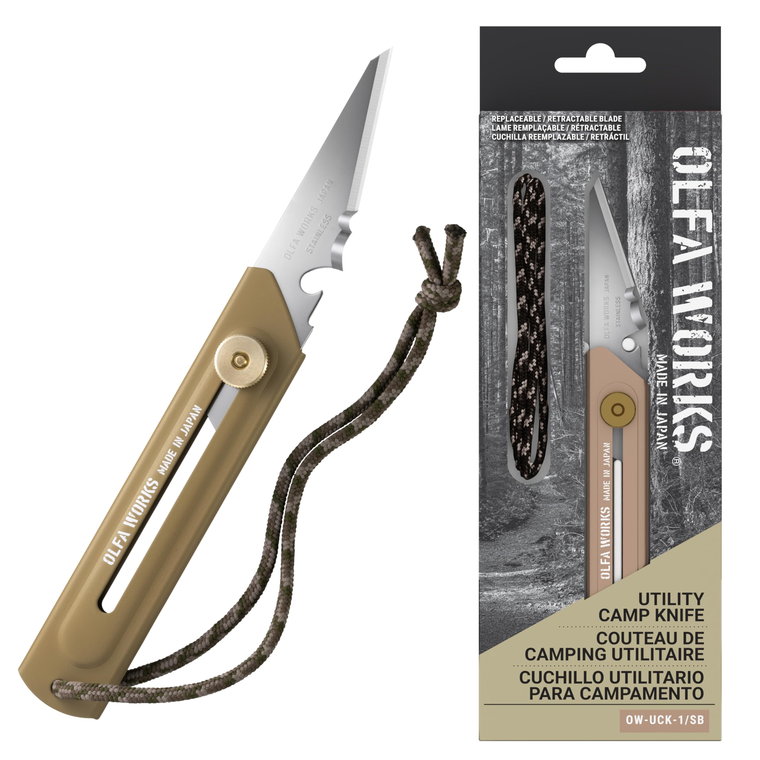 OLFA WORKS OW-UCK-1/SB Utility Camp Knife Replacable and Retractable High Carbon Stainless Steel Blade - Multipurpose Outdoor Knife Great for and Camping Activities - Brass Wheel Lock Replacement Blade: OWB-UCB-1 (Sand)
