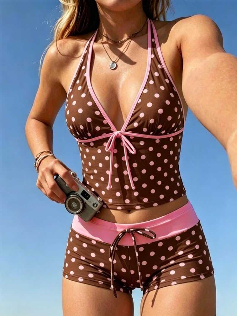 Women Two Piece Floral Print Vintage Tankini Swimsuit Set Summer
