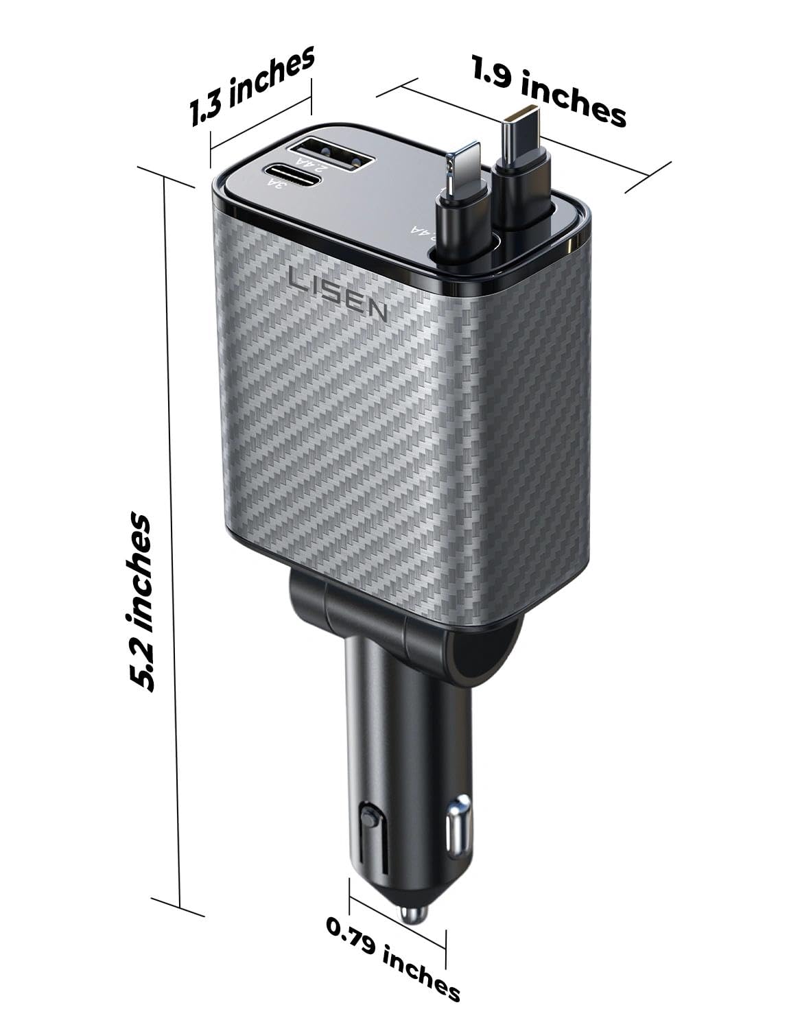 LISEN Retractable Car Charger 84W Fast Charge USB C Multi Cable Adapter