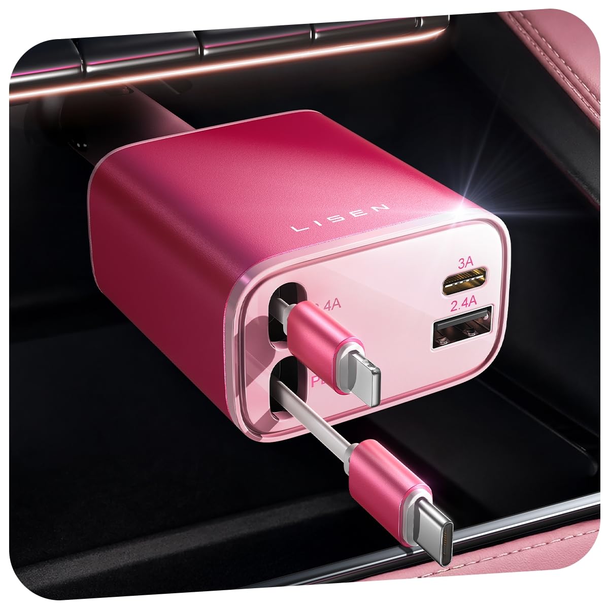 LISEN Retractable Car Charger 84W Fast Charge USB C Multi Cable Adapter