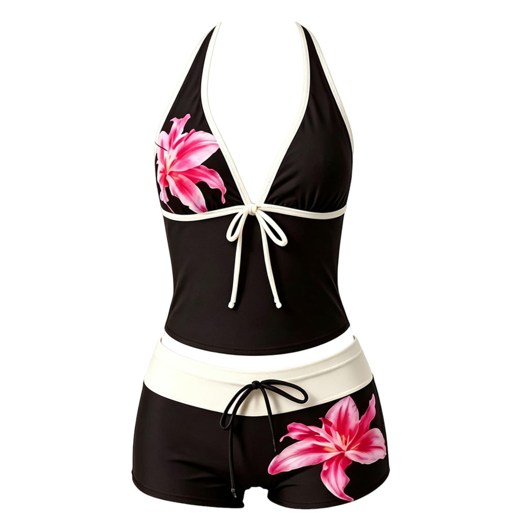 Women Two Piece Floral Print Vintage Tankini Swimsuit Set Summer