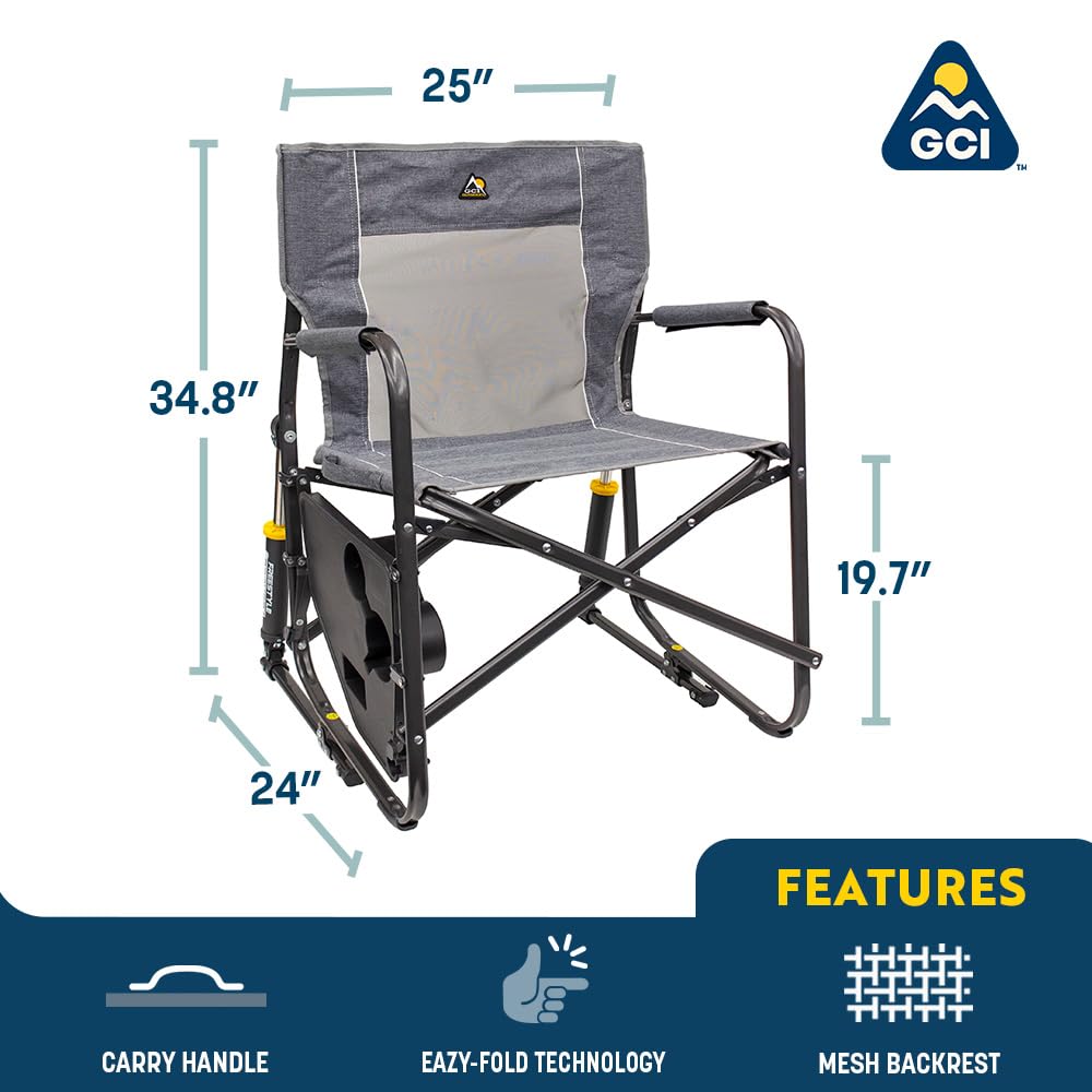GCI OUTDOOR Freestyle Rocker Camping Chair | Portable Folding Rocking Chair with Solid, Durable Armrests, Drink Holder & Comfortable Backrest — Indigo Blue