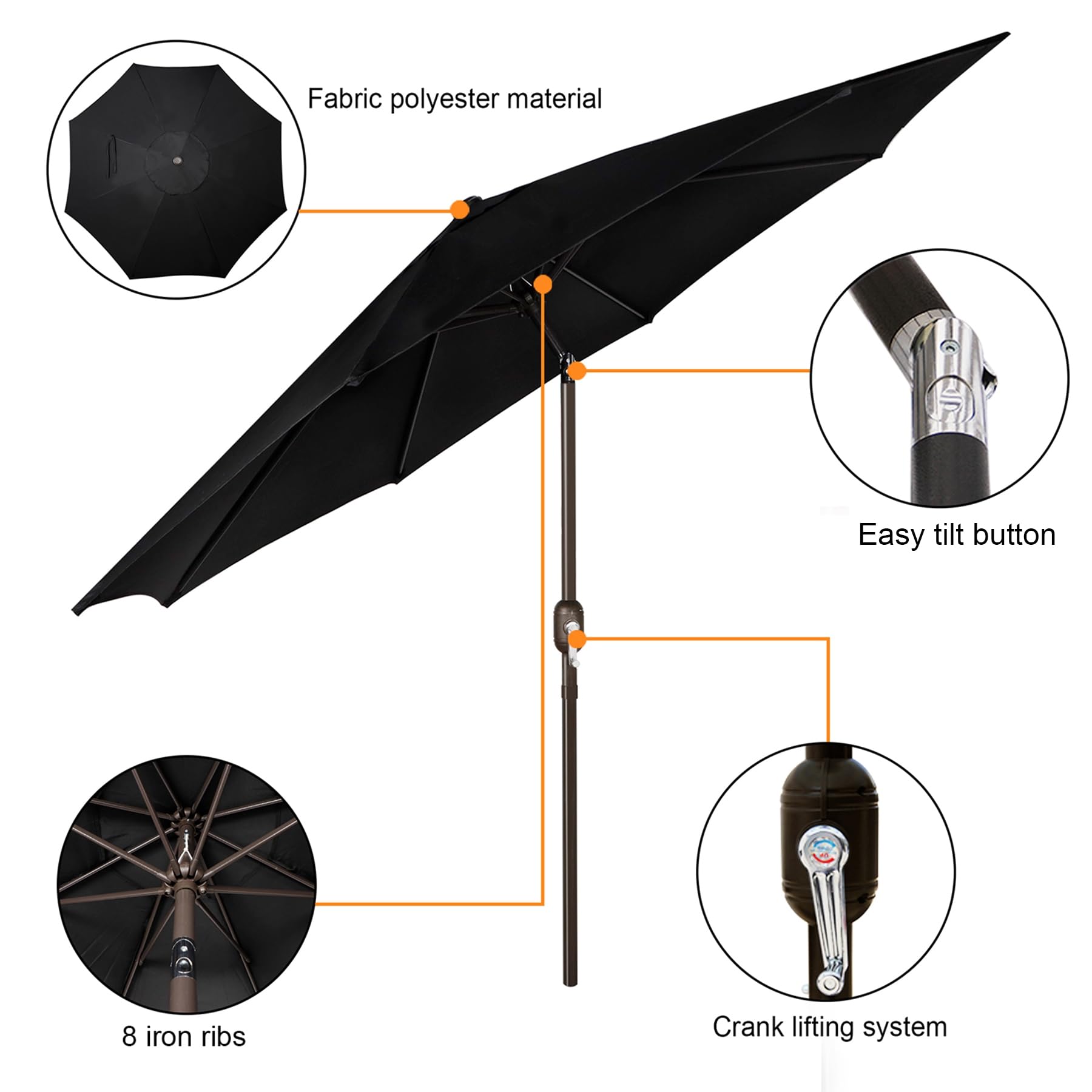 Blissun 9' Outdoor Patio Umbrella, Outdoor Table Umbrella, Yard Umbrella, Market Umbrella with 8 Sturdy Ribs, Push Button Tilt and Crank