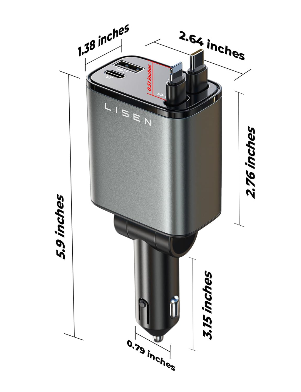 LISEN Retractable Car Charger 84W Fast Charge USB C Multi Cable Adapter