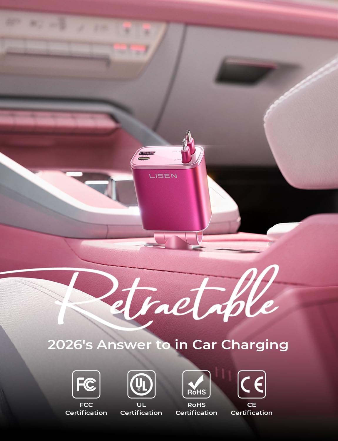 LISEN Retractable Car Charger 84W Fast Charge USB C Multi Cable Adapter
