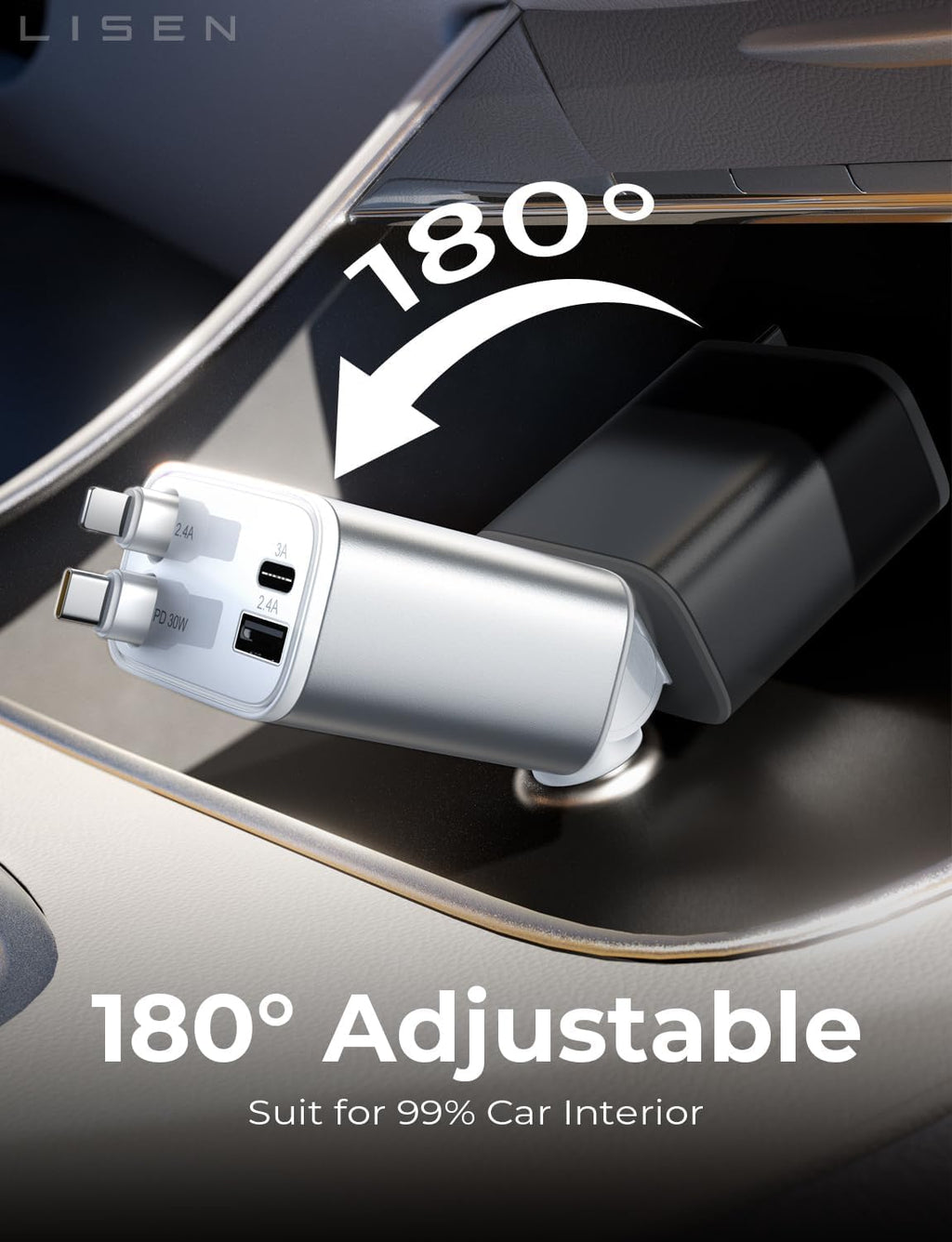 LISEN Retractable Car Charger 84W Fast Charge USB C Multi Cable Adapter