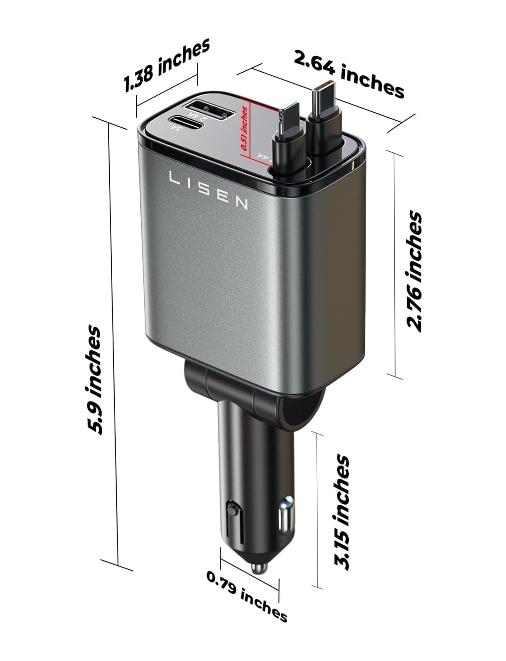 LISEN Retractable Car Charger 84W Fast Charge USB C Multi Cable Adapter