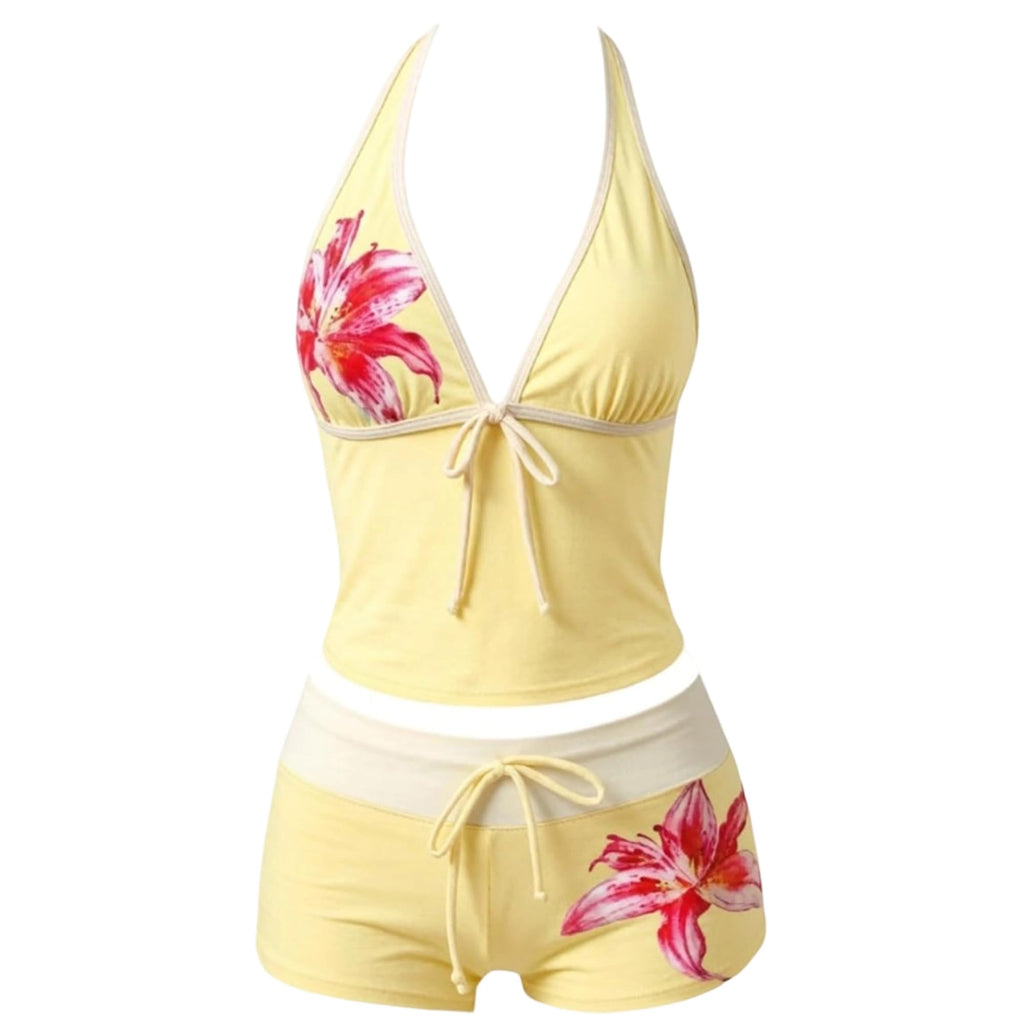 Women Two Piece Floral Print Vintage Tankini Swimsuit Set Summer