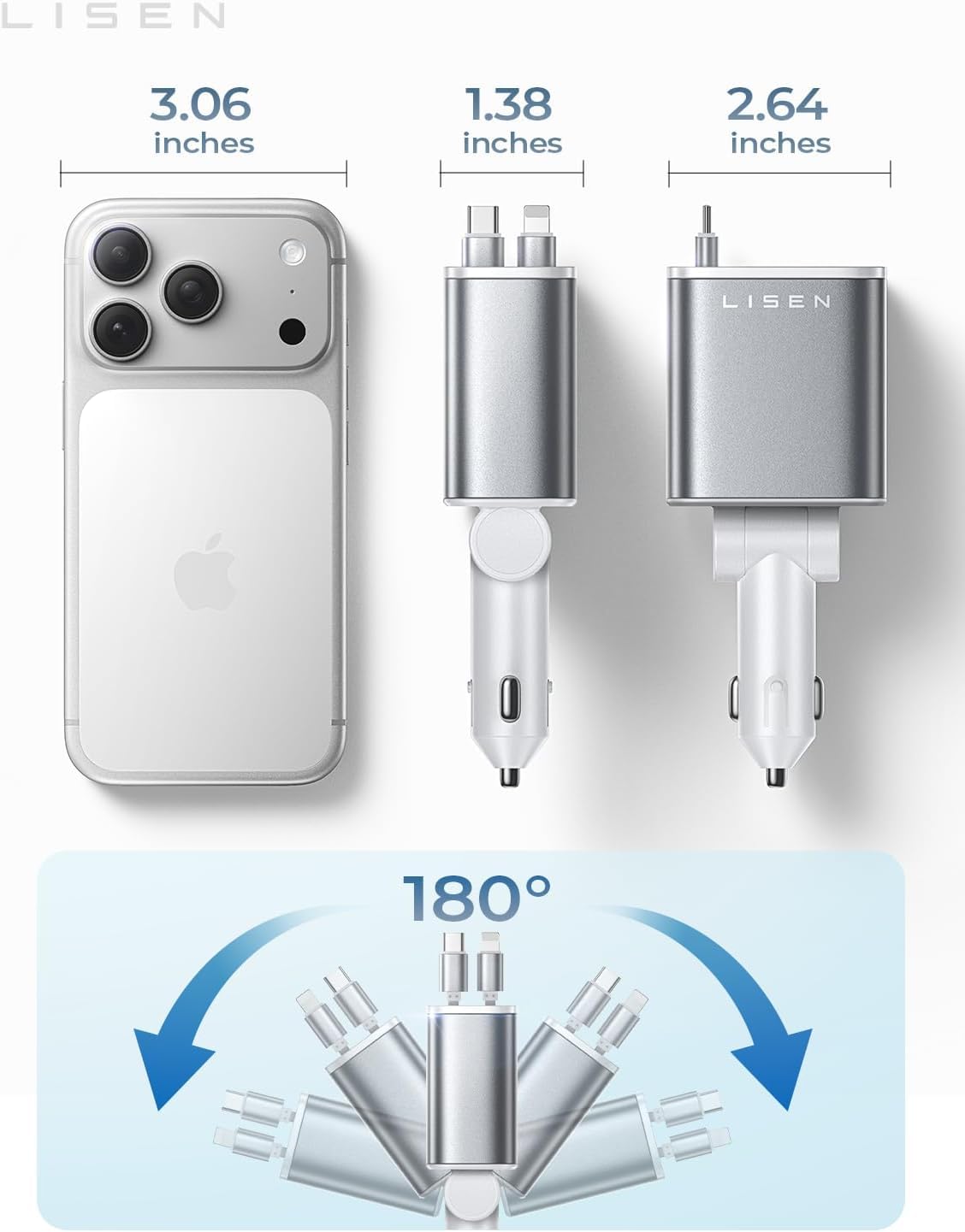 LISEN Retractable Car Charger 84W Fast Charge USB C Multi Cable Adapter