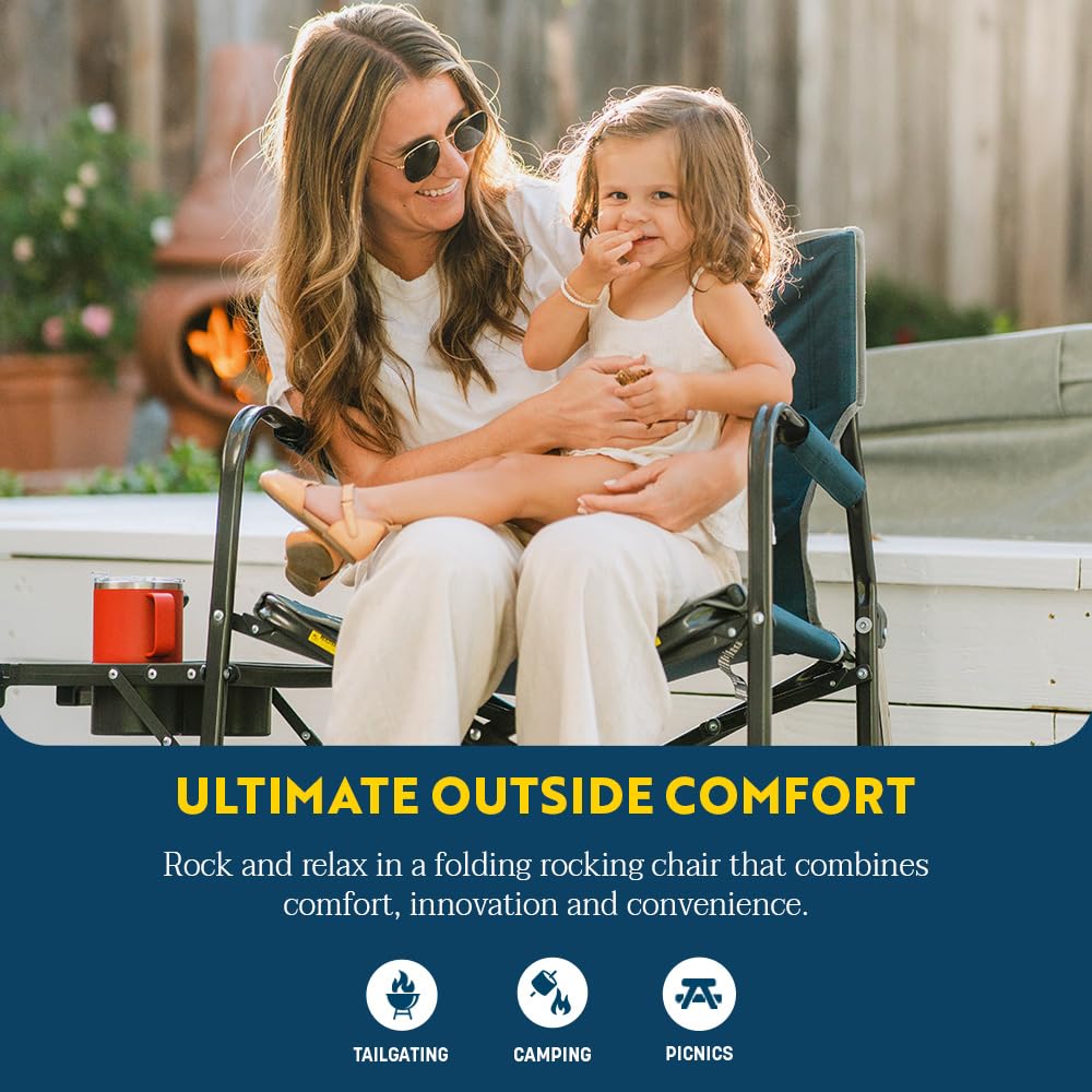 GCI OUTDOOR Freestyle Rocker Camping Chair | Portable Folding Rocking Chair with Solid, Durable Armrests, Drink Holder & Comfortable Backrest — Indigo Blue