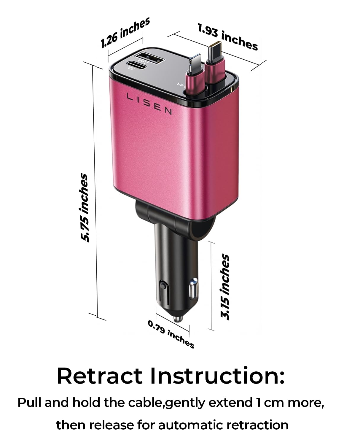 LISEN Retractable Car Charger 84W Fast Charge USB C Multi Cable Adapter