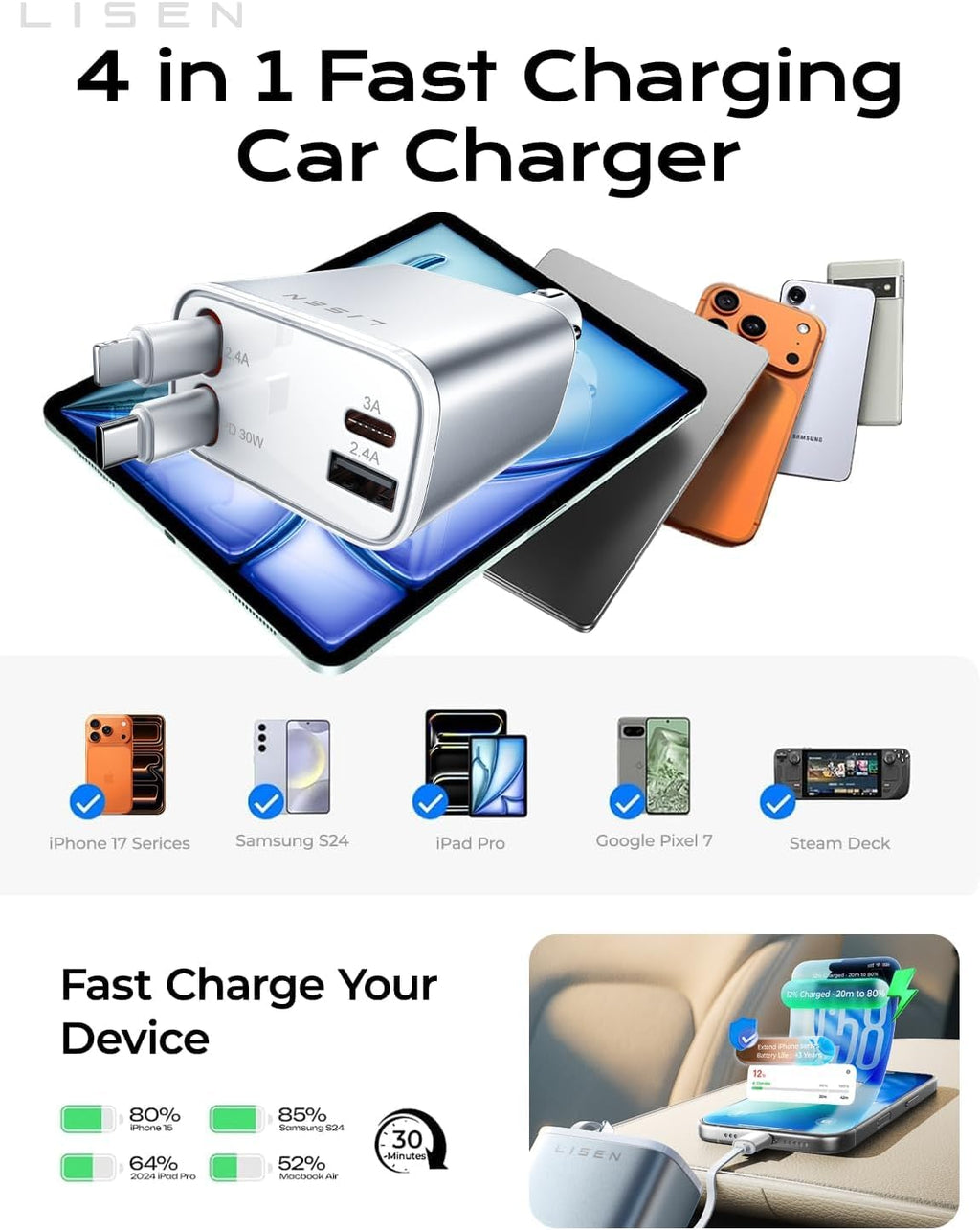 LISEN Retractable Car Charger 84W Fast Charge USB C Multi Cable Adapter