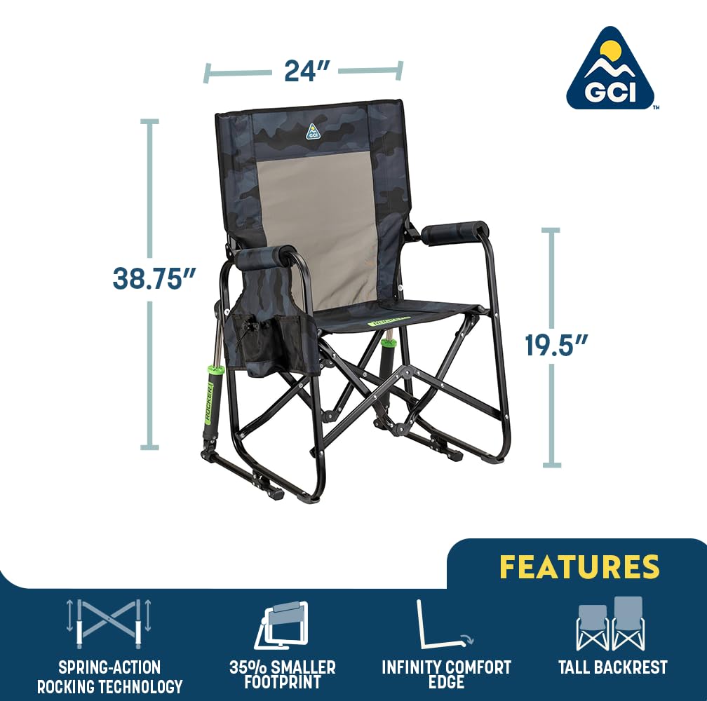 GCI OUTDOOR Freestyle Rocker Camping Chair | Portable Folding Rocking Chair with Solid, Durable Armrests, Drink Holder & Comfortable Backrest — Indigo Blue