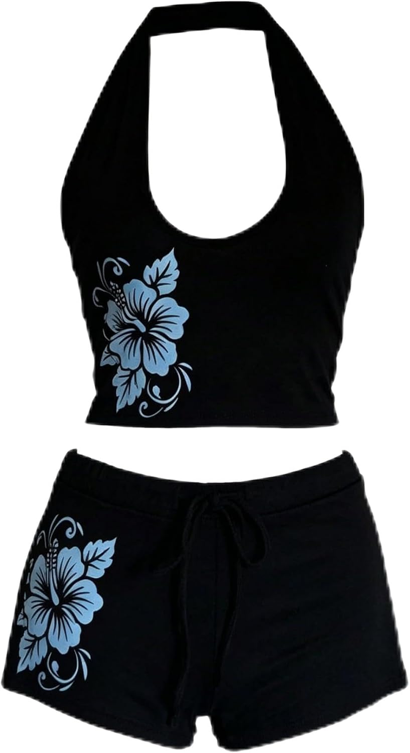 Women Two Piece Floral Print Vintage Tankini Swimsuit Set Summer