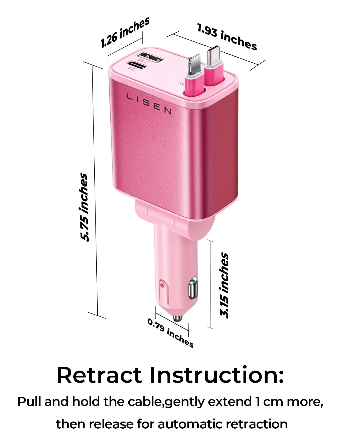 LISEN Retractable Car Charger 84W Fast Charge USB C Multi Cable Adapter