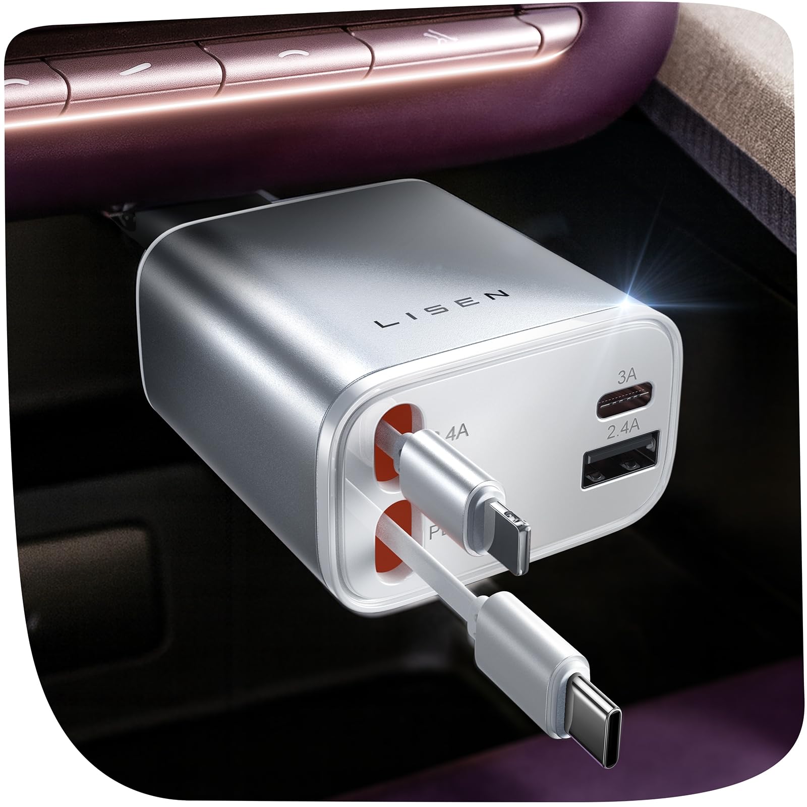 LISEN Retractable Car Charger 84W Fast Charge USB C Multi Cable Adapter