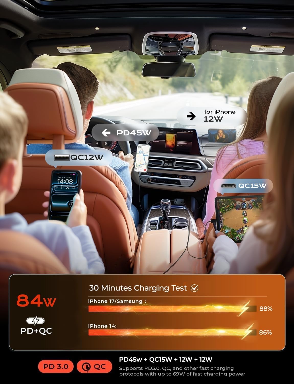 LISEN Retractable Car Charger 84W Fast Charge USB C Multi Cable Adapter