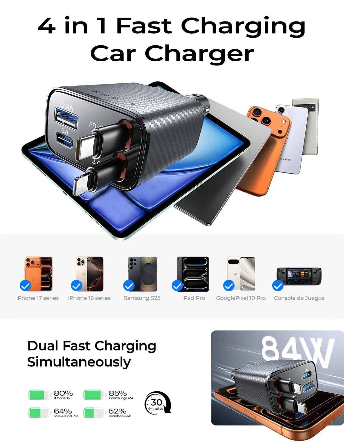 LISEN Retractable Car Charger 84W Fast Charge USB C Multi Cable Adapter