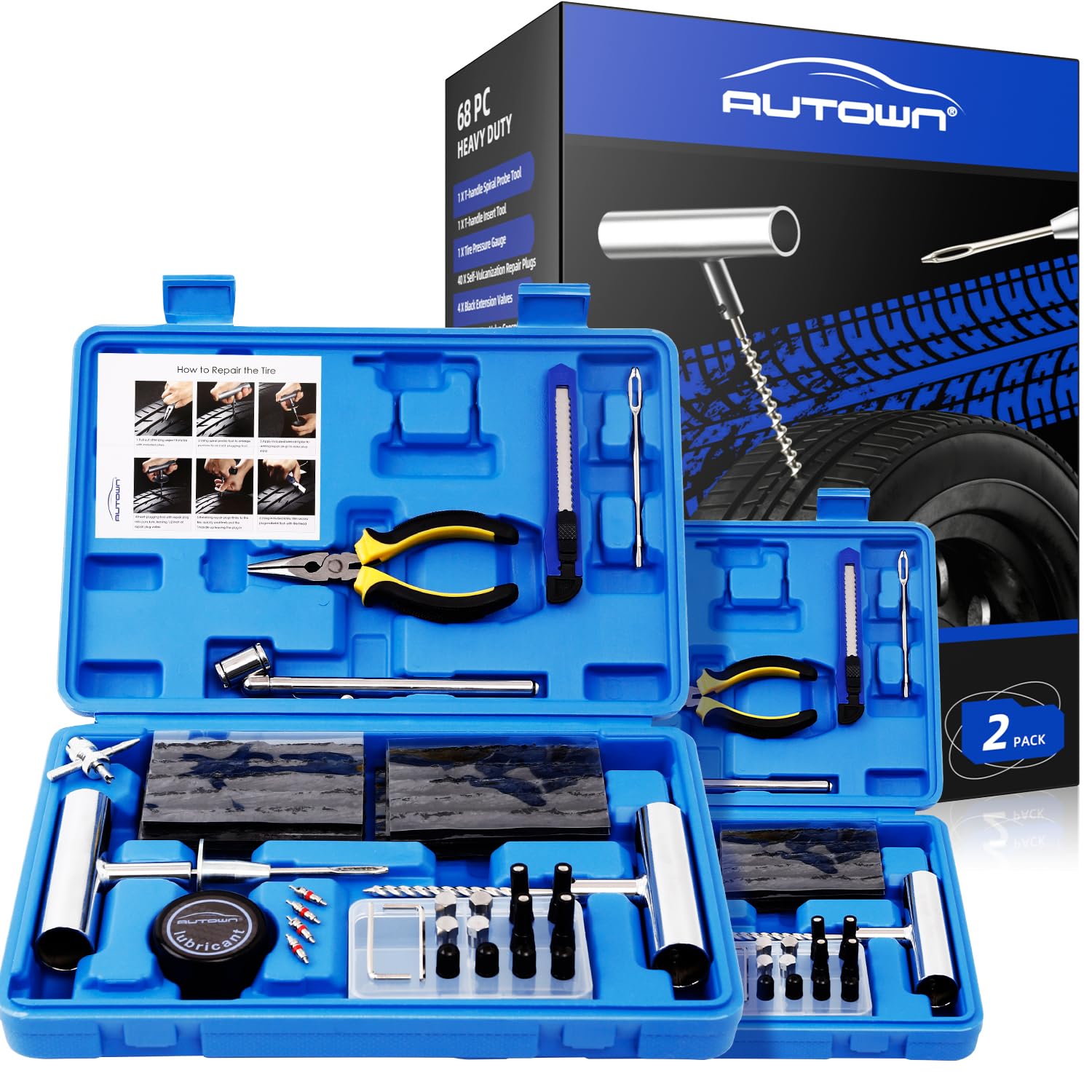 AUTOWN Flat Tire Repair Kit 68pcs, Heavy Duty Tire Plug Kit to Fix Puncture