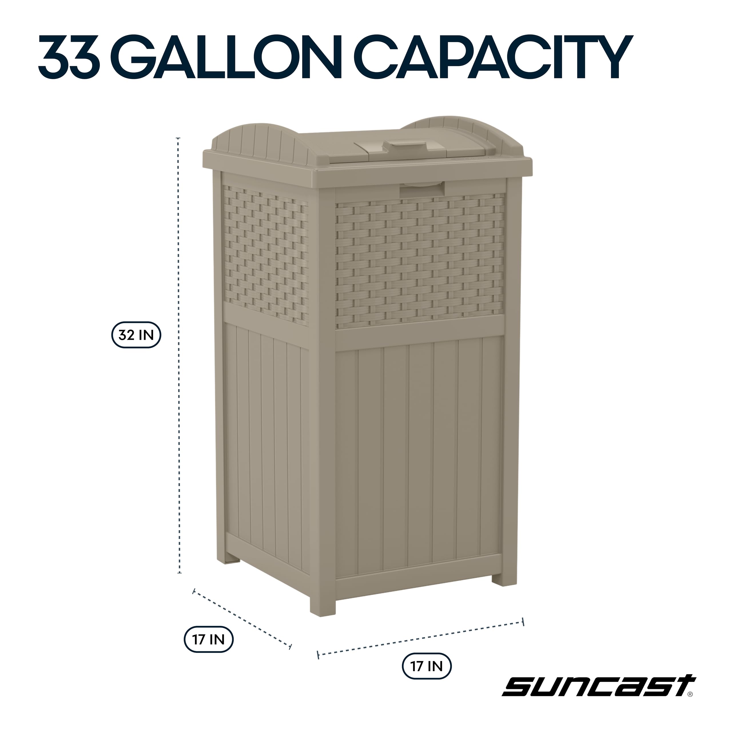 Suncast 33 Gallon Commercial Outdoor Trashcan Hideaway with Lid for 30 to 33 Gallon Trash Bags for Garage, Backyard, or Garden, Brown