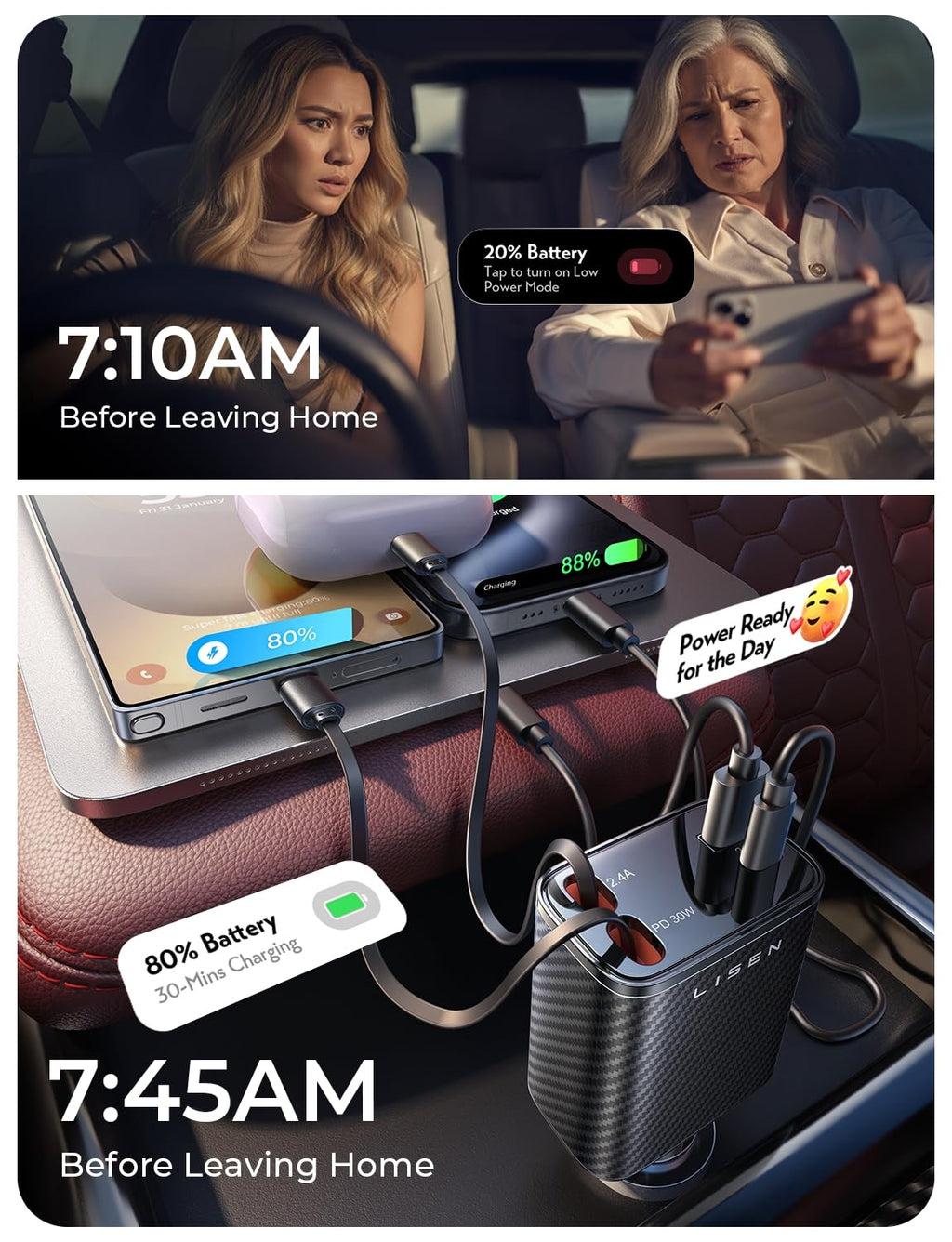 LISEN Retractable Car Charger 84W Fast Charge USB C Multi Cable Adapter