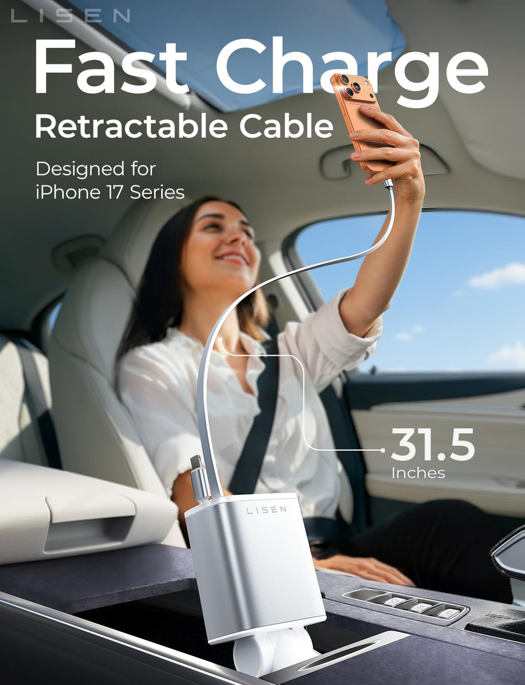 LISEN Retractable Car Charger 84W Fast Charge USB C Multi Cable Adapter