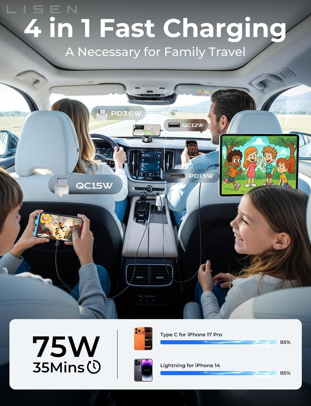 LISEN Retractable Car Charger 84W Fast Charge USB C Multi Cable Adapter