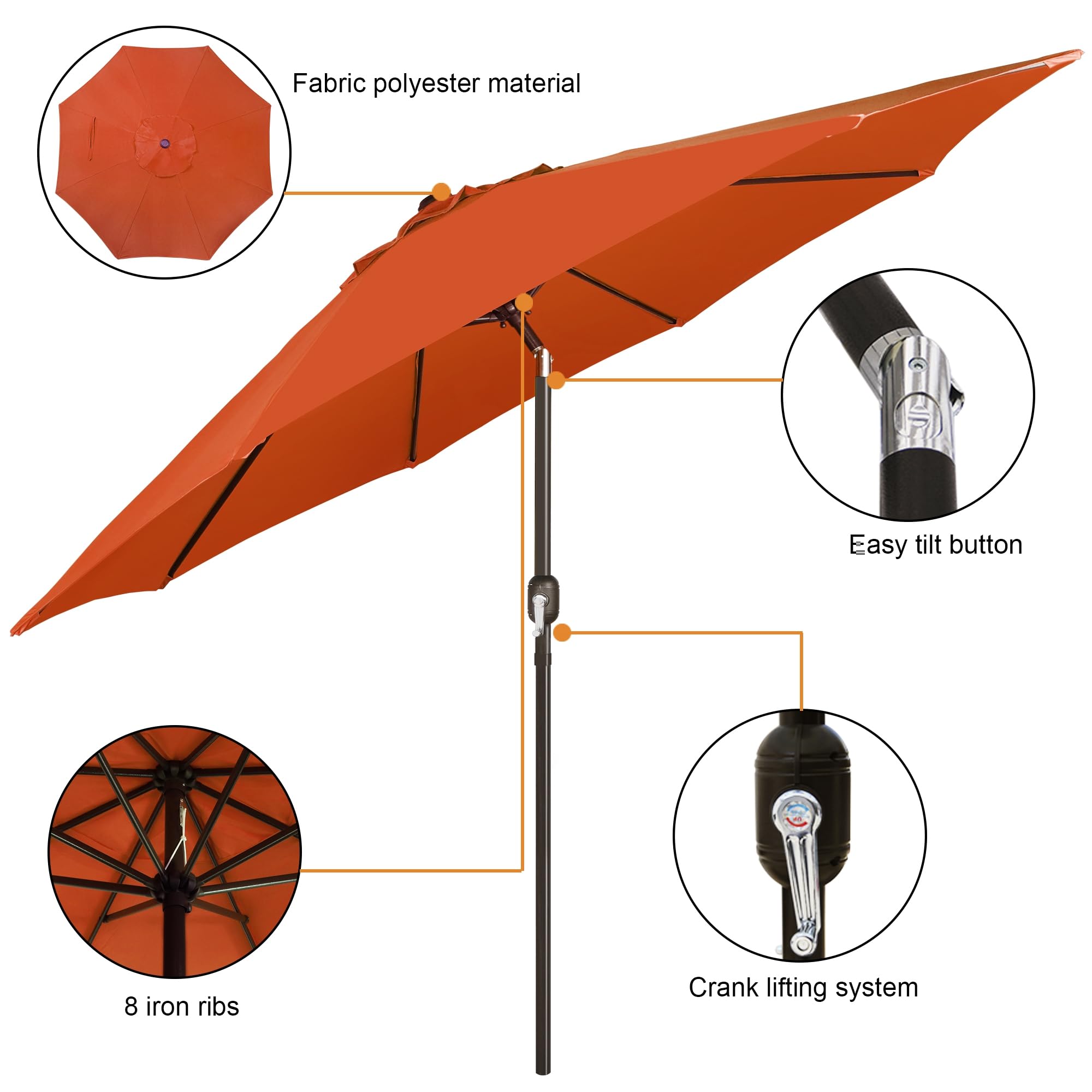 Blissun 9' Outdoor Patio Umbrella, Outdoor Table Umbrella, Yard Umbrella, Market Umbrella with 8 Sturdy Ribs, Push Button Tilt and Crank