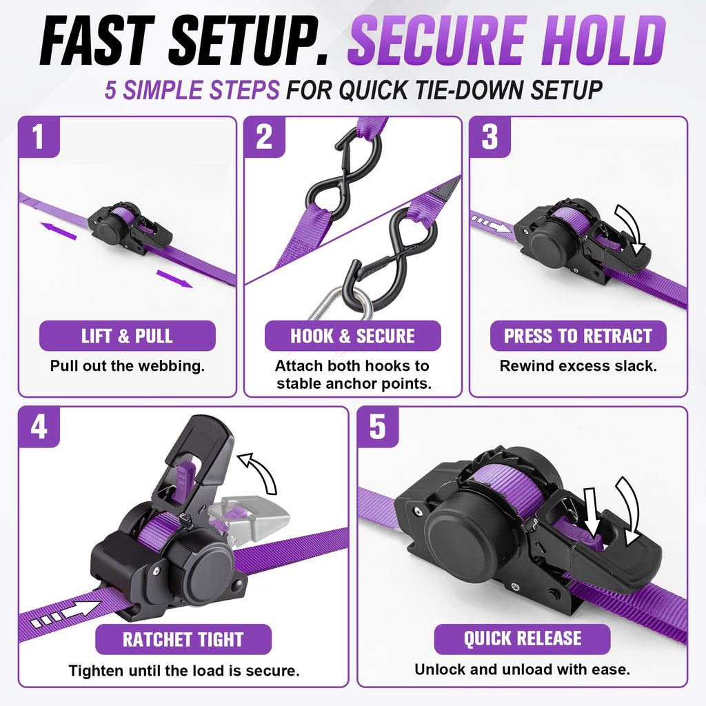 Hokinety 4 Pack Retractable Ratchet Straps 1 In X 10 Ft 1500 Lb For Truck
