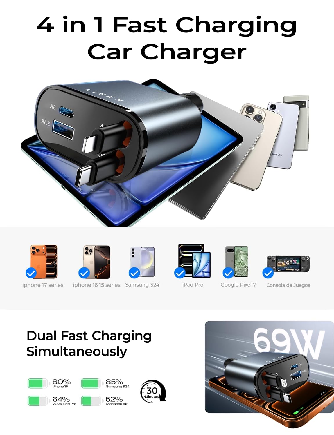 LISEN Retractable Car Charger 84W Fast Charge USB C Multi Cable Adapter