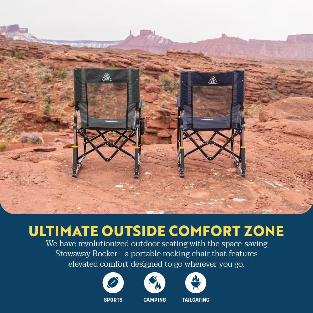 GCI OUTDOOR Freestyle Rocker Camping Chair | Portable Folding Rocking Chair with Solid, Durable Armrests, Drink Holder & Comfortable Backrest — Indigo Blue