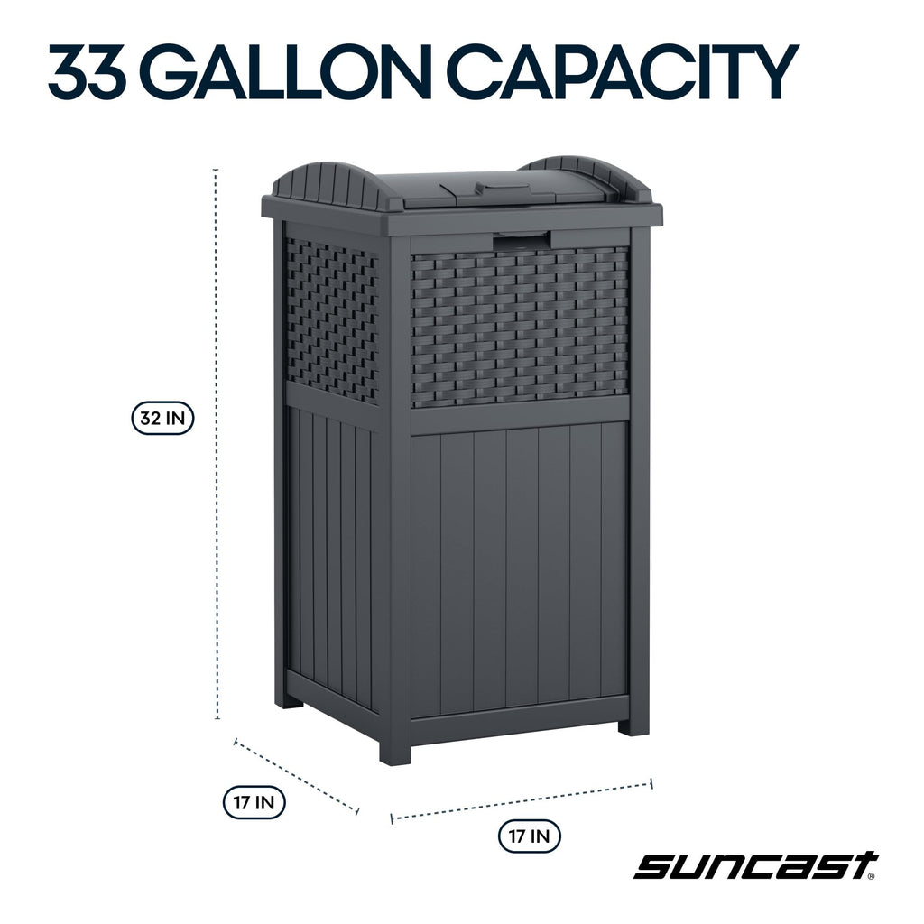 Suncast 33 Gallon Commercial Outdoor Trashcan Hideaway with Lid for 30 to 33 Gallon Trash Bags for Garage, Backyard, or Garden, Brown