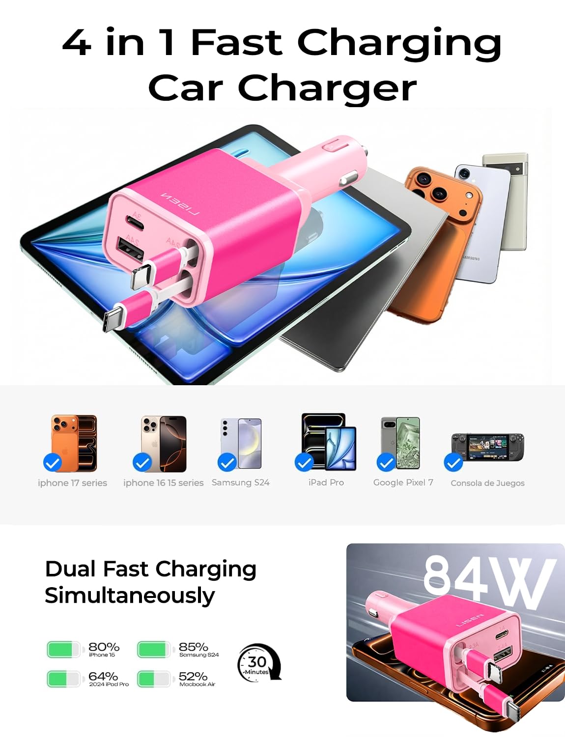 LISEN Retractable Car Charger 84W Fast Charge USB C Multi Cable Adapter