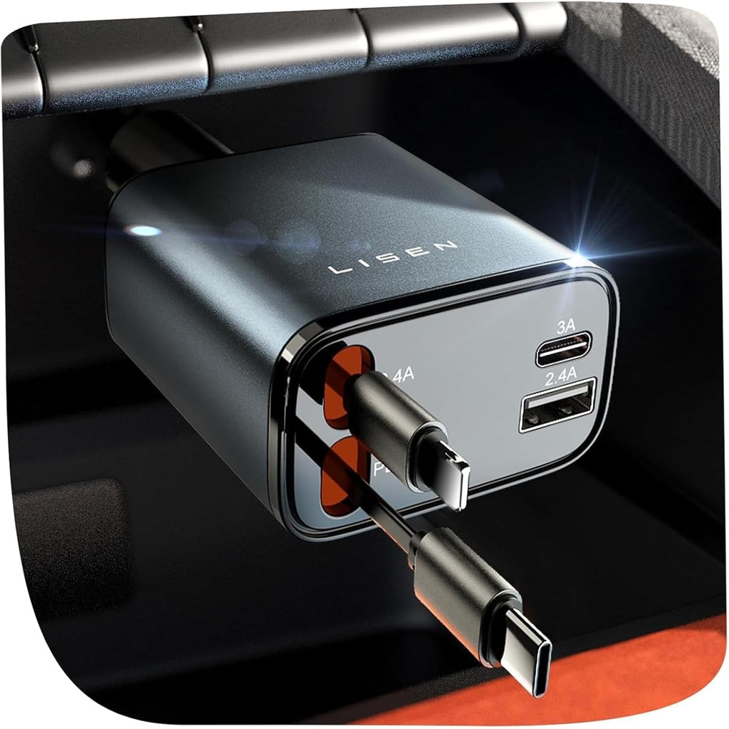 LISEN Retractable Car Charger 84W Fast Charge USB C Multi Cable Adapter