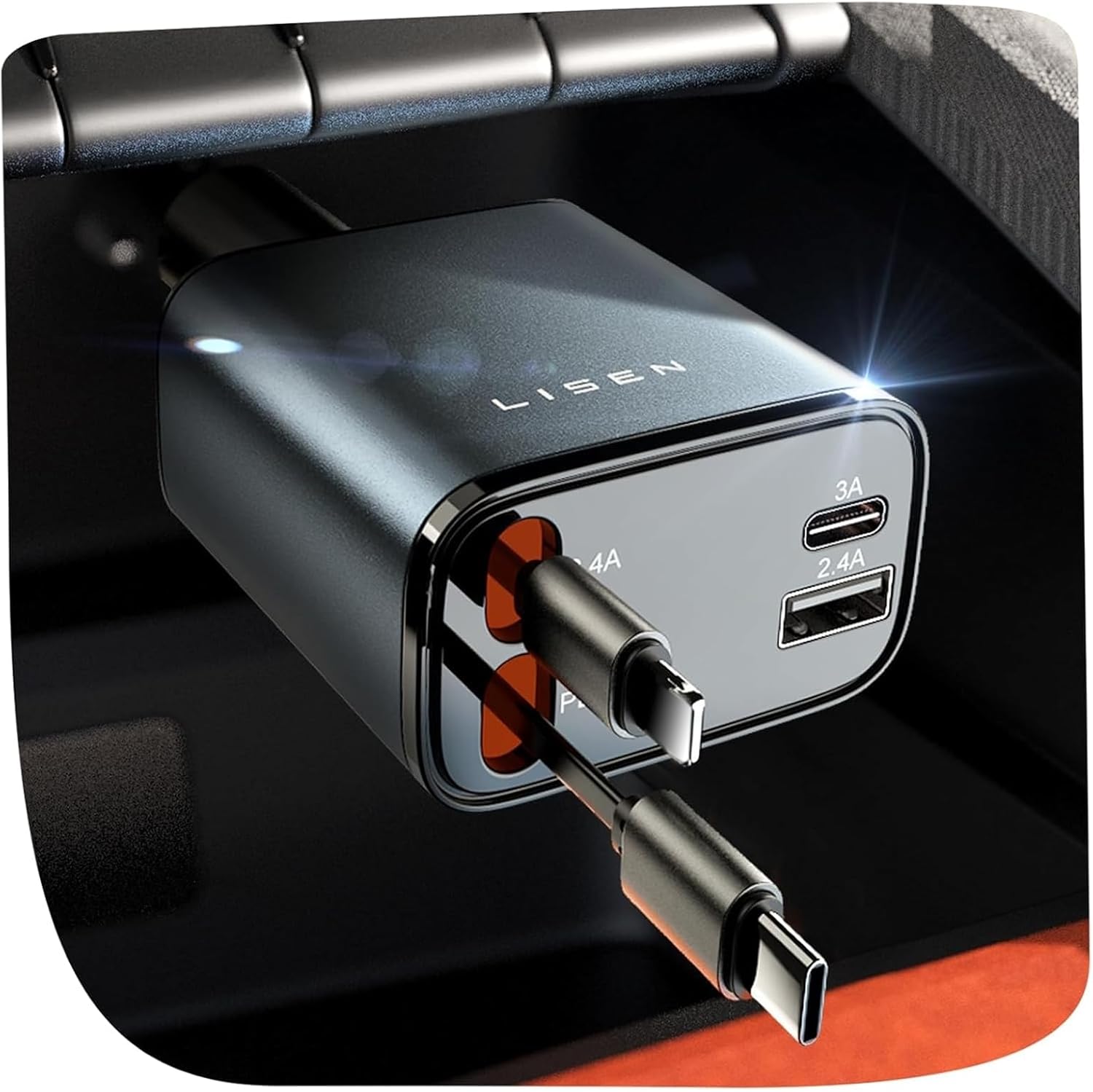 LISEN Retractable Car Charger 84W Fast Charge USB C Multi Cable Adapter