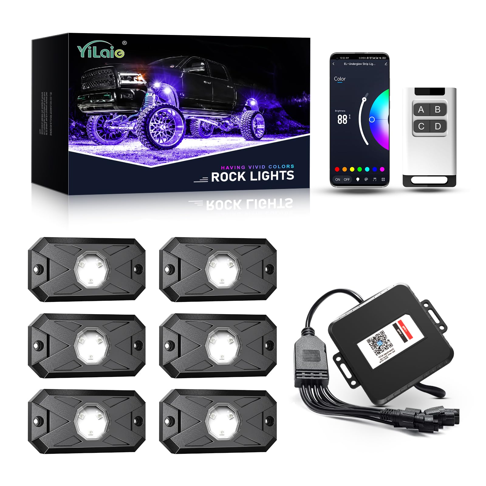 YiLaie RGB LED Rock Lights 8 Pods APP Remote Music Mode IP68 Waterproof