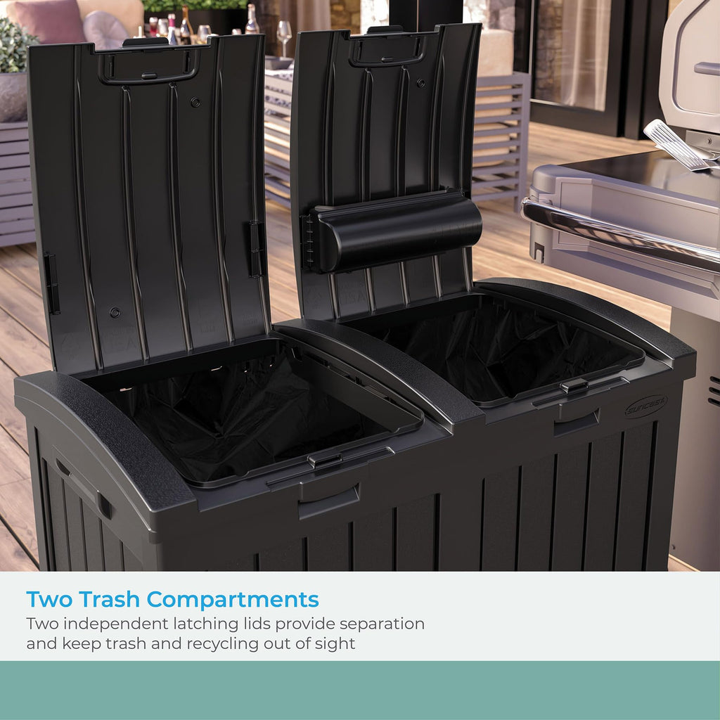 Suncast 33 Gallon Commercial Outdoor Trashcan Hideaway with Lid for 30 to 33 Gallon Trash Bags for Garage, Backyard, or Garden, Brown