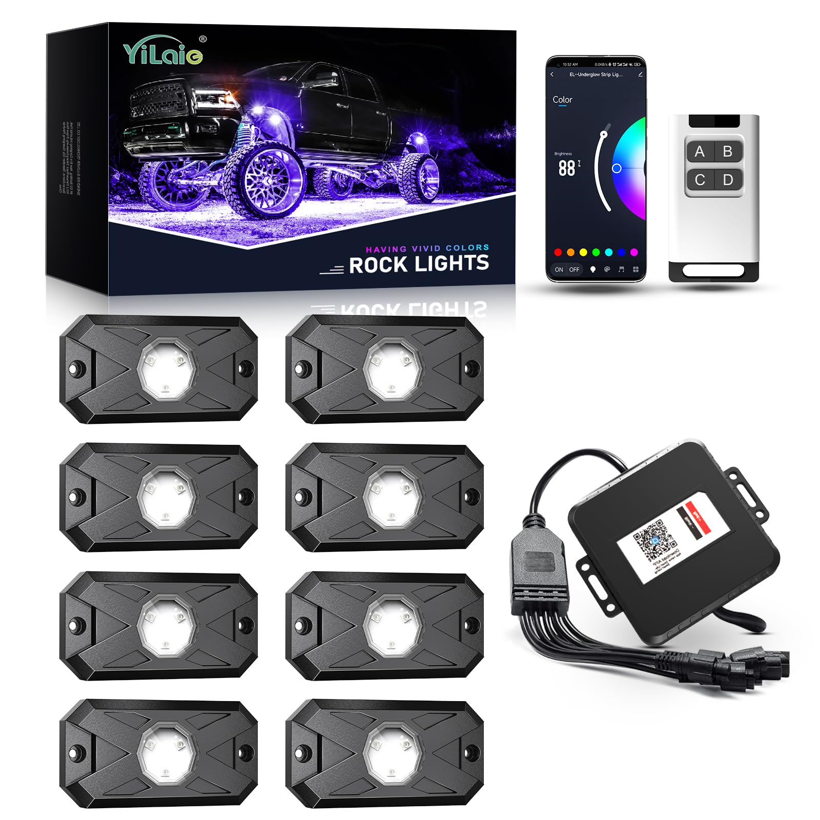 YiLaie RGB LED Rock Lights 8 Pods APP Remote Music Mode IP68 Waterproof