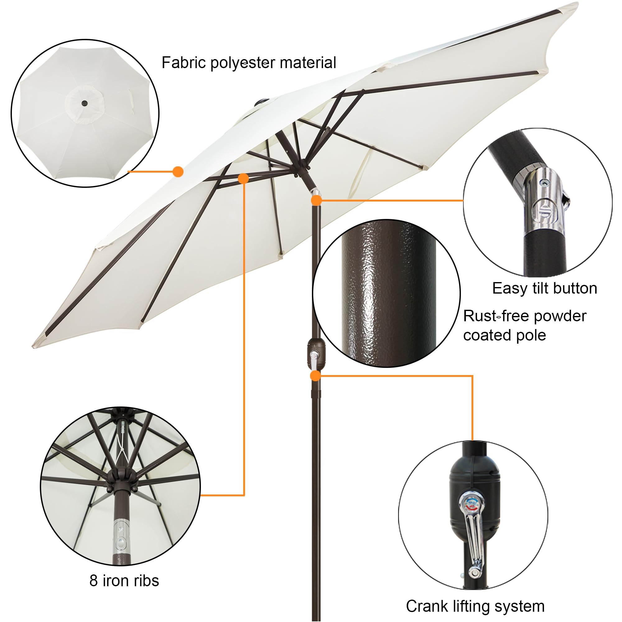 Blissun 9' Outdoor Patio Umbrella, Outdoor Table Umbrella, Yard Umbrella, Market Umbrella with 8 Sturdy Ribs, Push Button Tilt and Crank