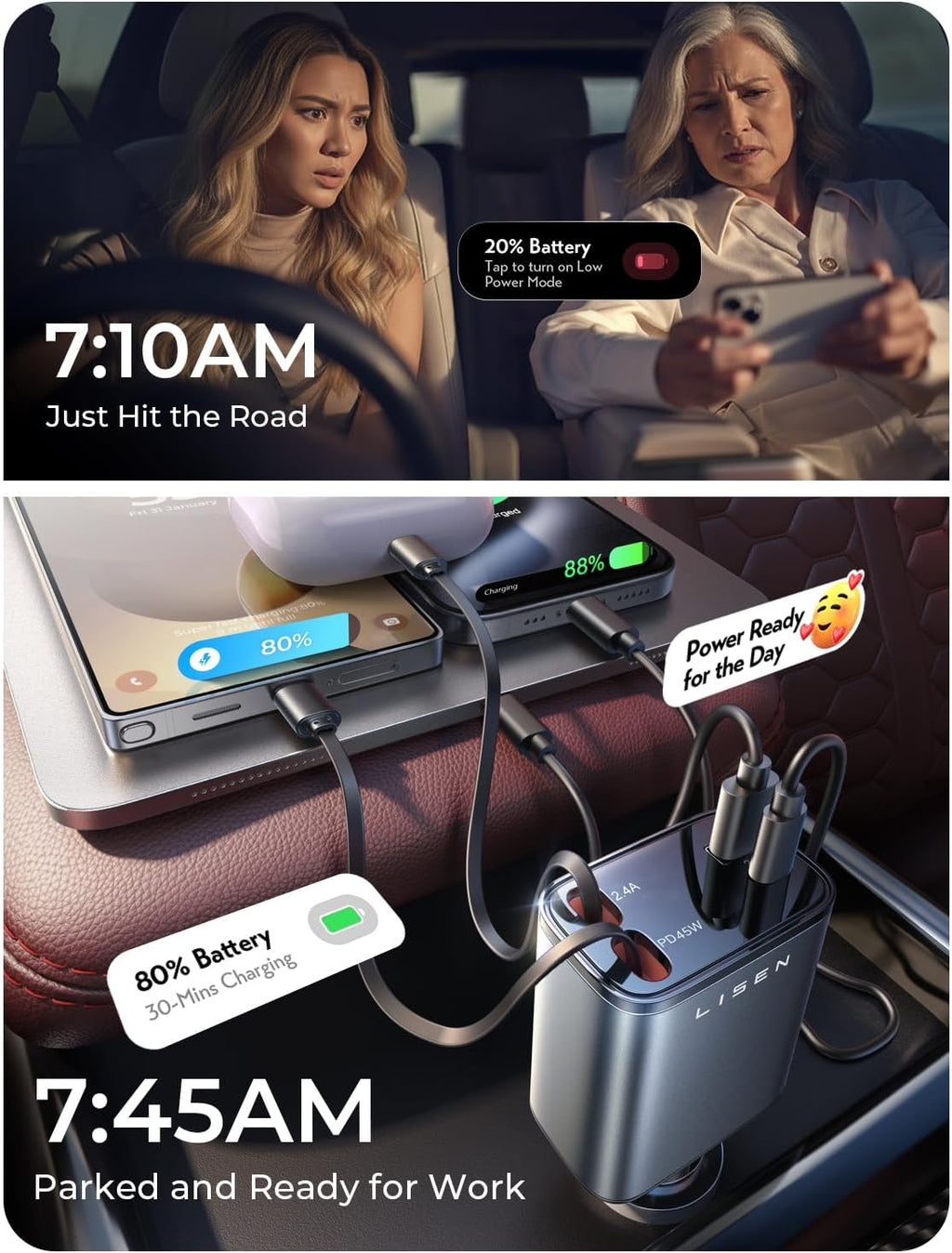 LISEN Retractable Car Charger 84W Fast Charge USB C Multi Cable Adapter