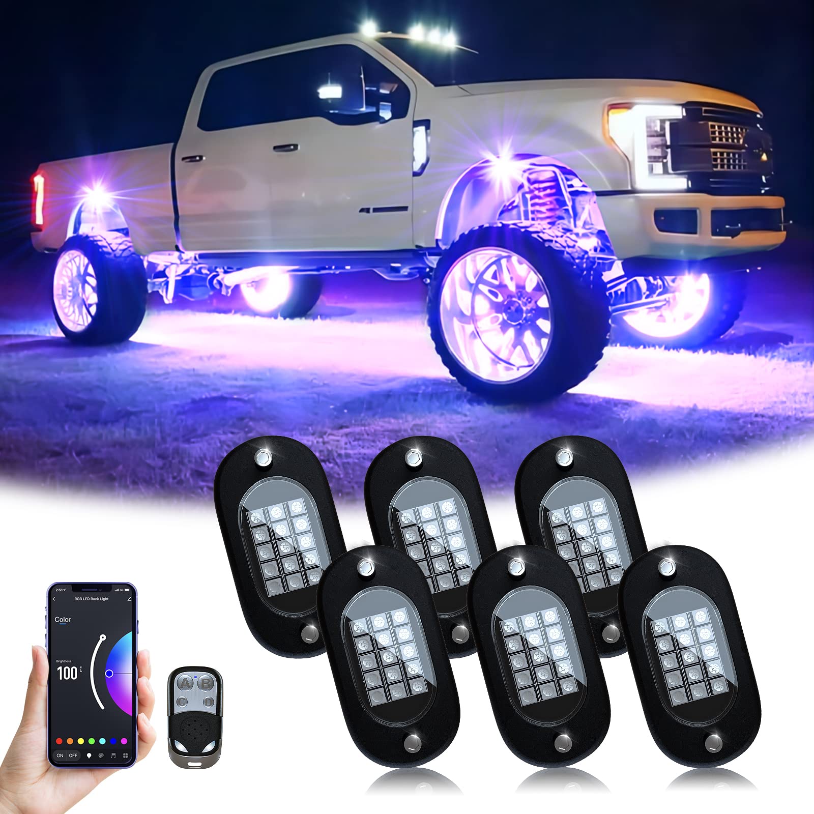 YiLaie RGB LED Rock Lights 8 Pods APP Remote Music Mode IP68 Waterproof