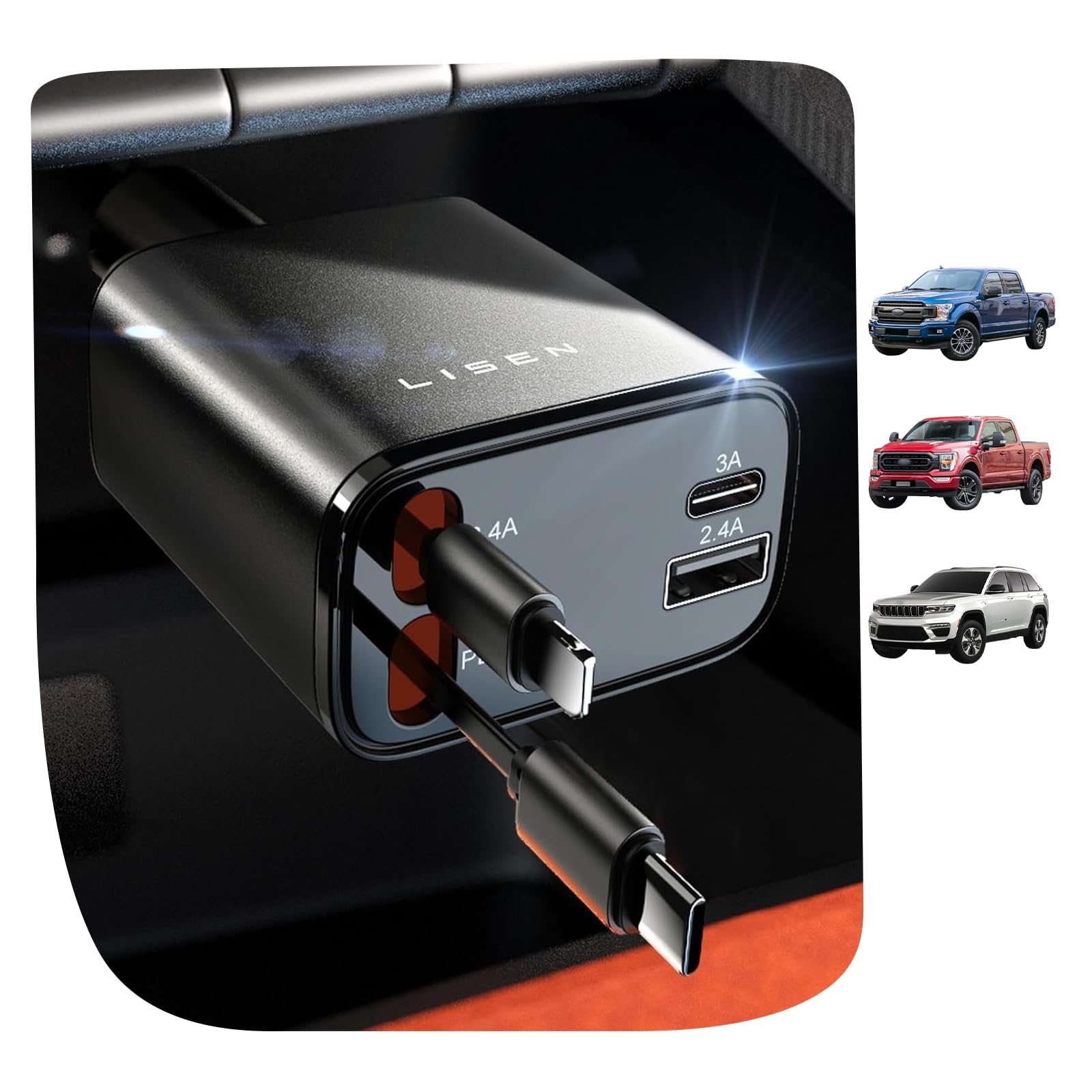 LISEN Retractable Car Charger 84W Fast Charge USB C Multi Cable Adapter