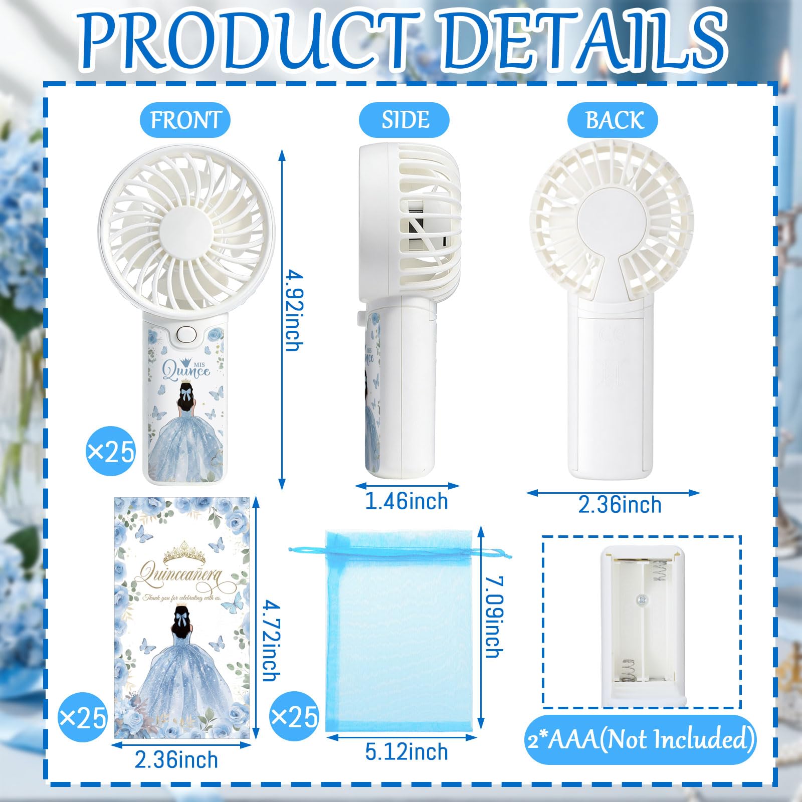 Tuanse 25 Pack Royal Blue Electric Quinceanera Party Favors Handheld Fans