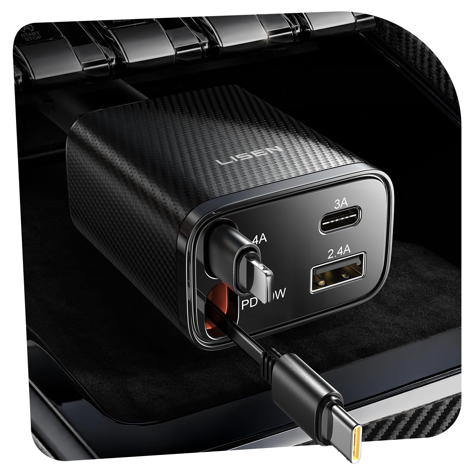 LISEN Retractable Car Charger 84W Fast Charge USB C Multi Cable Adapter