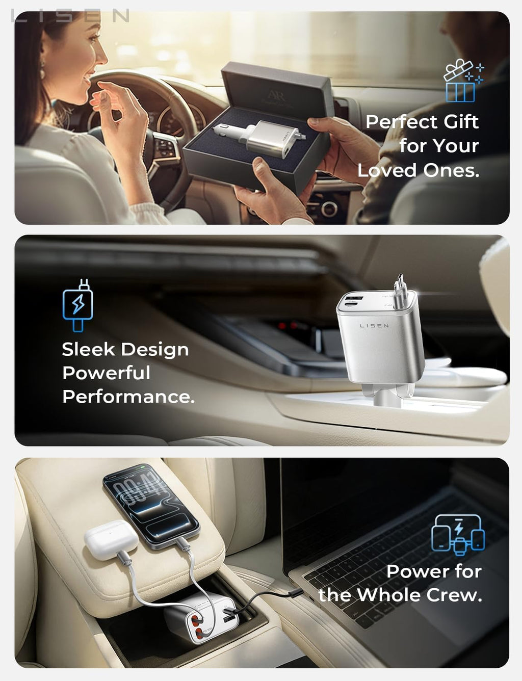 LISEN Retractable Car Charger 84W Fast Charge USB C Multi Cable Adapter