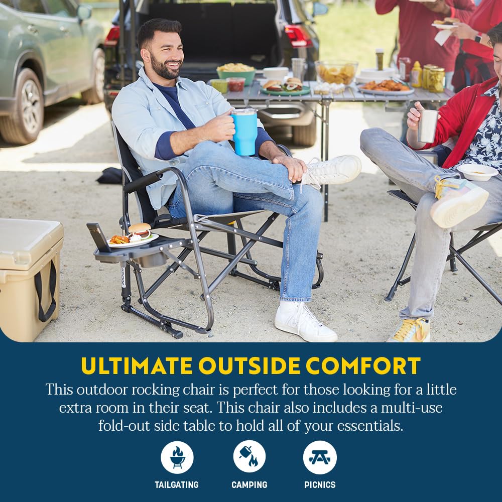 GCI OUTDOOR Freestyle Rocker Camping Chair | Portable Folding Rocking Chair with Solid, Durable Armrests, Drink Holder & Comfortable Backrest — Indigo Blue