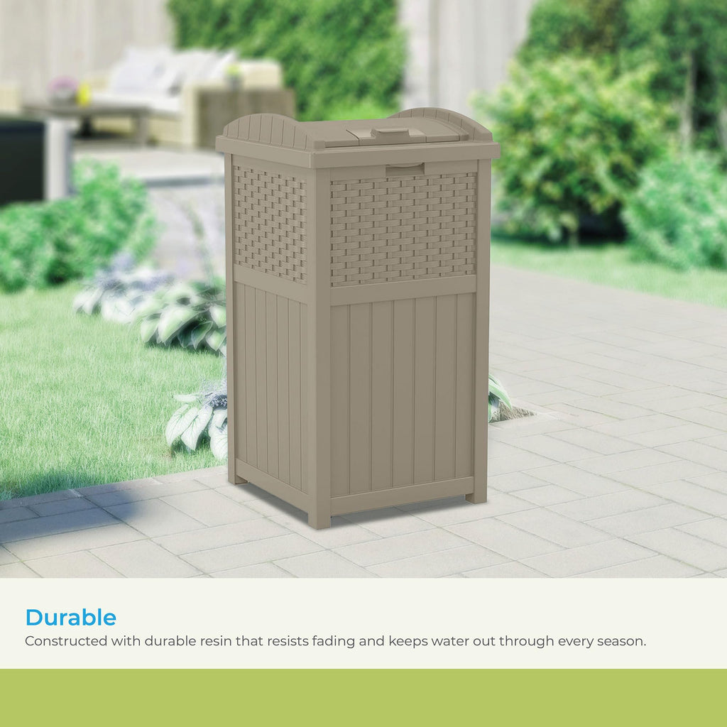Suncast 33 Gallon Commercial Outdoor Trashcan Hideaway with Lid for 30 to 33 Gallon Trash Bags for Garage, Backyard, or Garden, Brown
