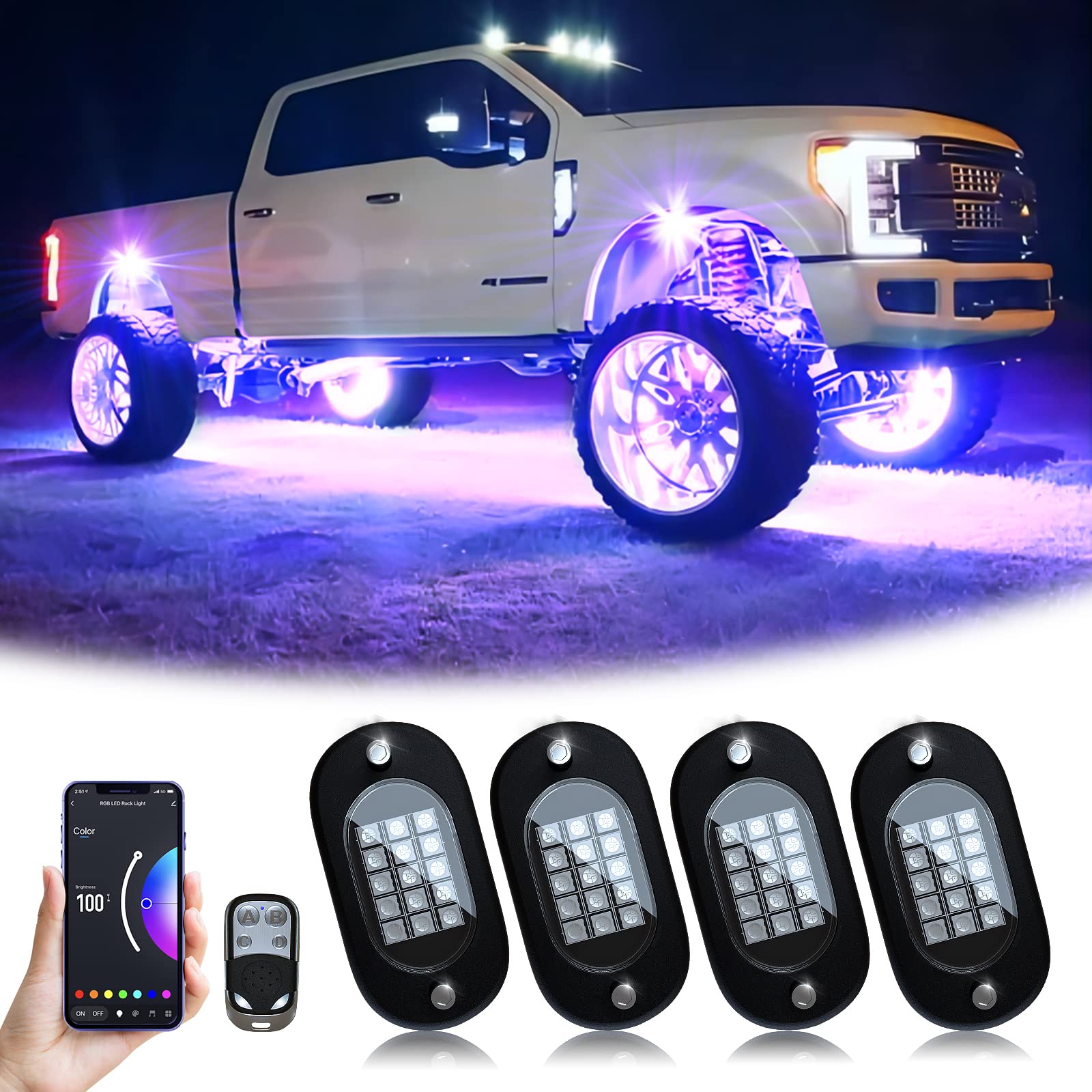 YiLaie RGB LED Rock Lights 8 Pods APP Remote Music Mode IP68 Waterproof